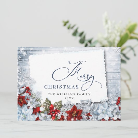 Vrolijk kerstrood Poinsettia Rustic Wood Feestdagenkaart (Staand voorkant)