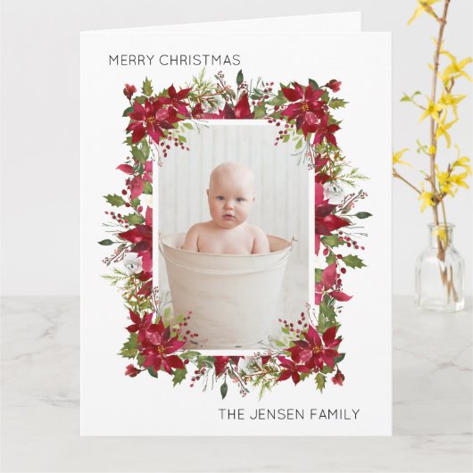 Vrolijk kerstrood Poinsettias Greenery White Kaart (Gele Bloem)