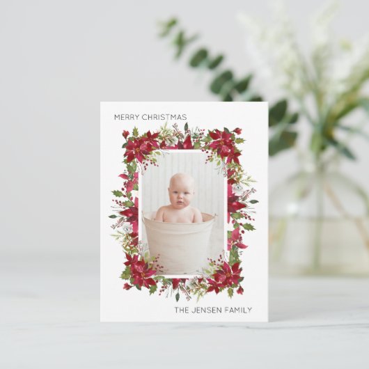 Vrolijk kerstrood Poinsettias White Modern Feestdagenkaart (Staand voorkant)