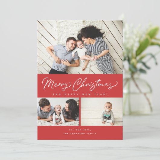 Vrolijk kerstrood script 3 Collage Multi-Photo Feestdagenkaart (Staand voorkant)