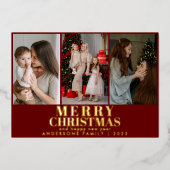 Vrolijk kerstrood script 3 Collage Multi-Photo Folie Feestdagenkaart (Voorkant)