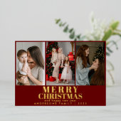 Vrolijk kerstrood script 3 Collage Multi-Photo Folie Feestdagenkaart (Staand Voorkant)