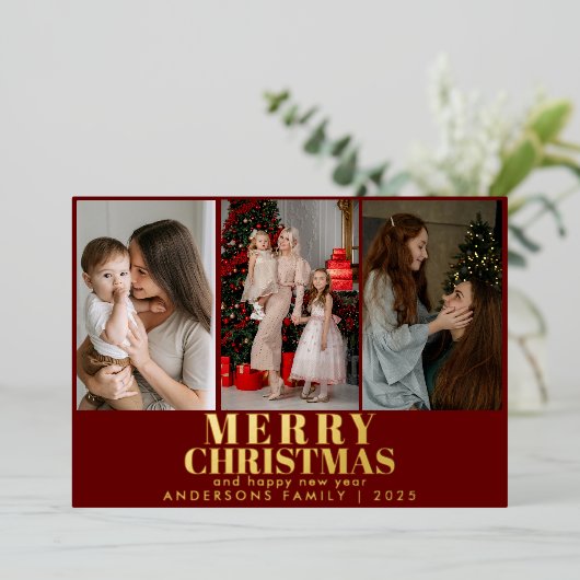 Vrolijk kerstrood script 3 Collage Multi-Photo Folie Feestdagenkaart (Staand Voorkant)