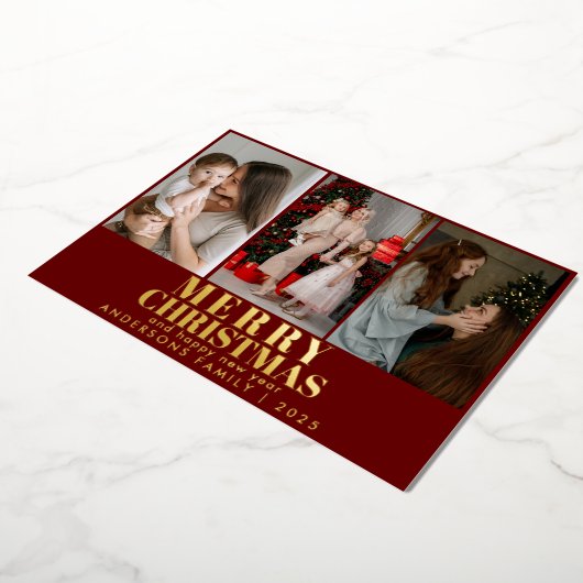 Vrolijk kerstrood script 3 Collage Multi-Photo Folie Feestdagenkaart (Gedraaid)