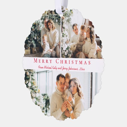 Vrolijk kerstrood script 3 foto's collage chic ornament kaart (Links)