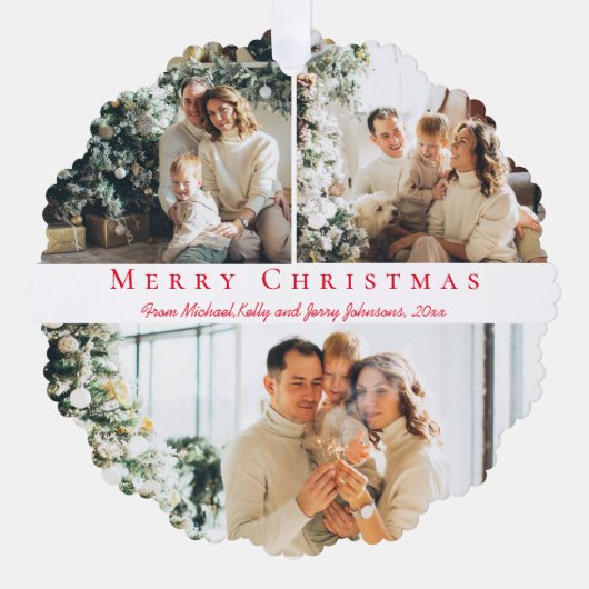 Vrolijk kerstrood script 3 foto's collage chic ornament kaart (Voorkant)