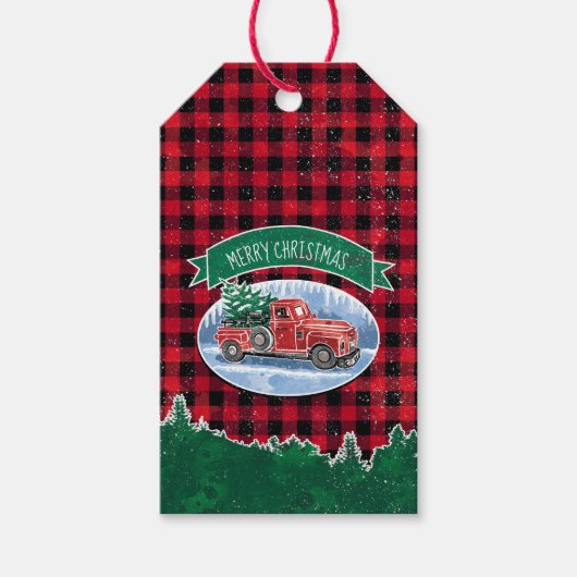 Vrolijk kerstrood Truck Buffalo Pset Cadeaulabel (Voorkant)