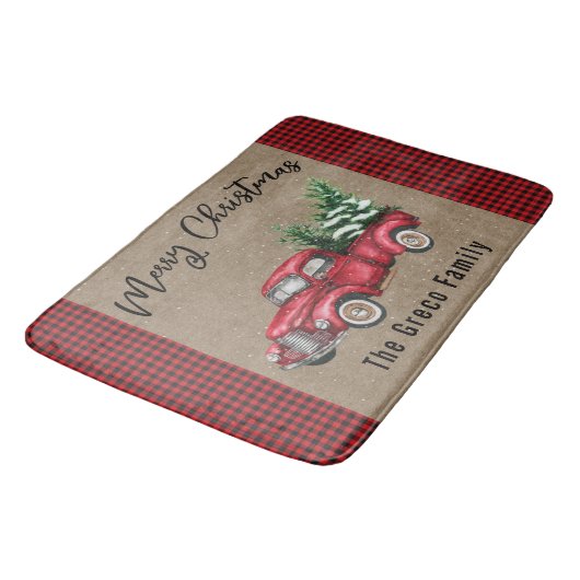 Vrolijk kerstrood  Vracht & Boom Naam toevoegen Badmat (Gekanteld)
