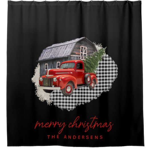Vrolijk kerstrood  Vrachtwagen Familienaam Douchegordijn (Voorkant)