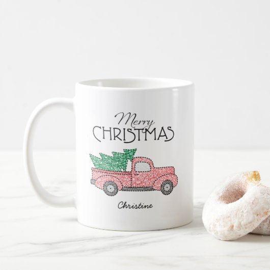 Vrolijk kerstrood vrachtwagen groene boom met naam koffiemok (Met donut)