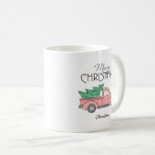 Vrolijk kerstrood vrachtwagen groene boom met naam koffiemok (Voorkant rechts)