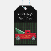 Vrolijk kerstrood vrachtwagen met boom cadeaulabel (Voorkant)