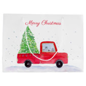 Vrolijk kerstrood vrachtwagen met kerstboom groot cadeauzakje (Achterkant)