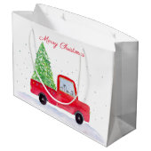 Vrolijk kerstrood vrachtwagen met kerstboom groot cadeauzakje (Achterkant Gekanteld)