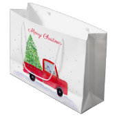 Vrolijk kerstrood vrachtwagen met kerstboom groot cadeauzakje (Voorkant Gekanteld)