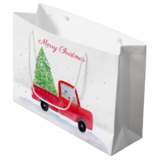 Vrolijk kerstrood vrachtwagen met kerstboom groot cadeauzakje (Voorkant Gekanteld)