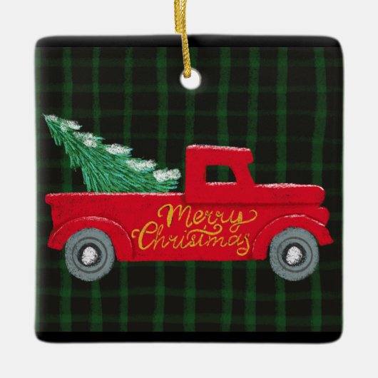 Vrolijk kerstrood vrachtwagen met Tree Ceramic Orn Keramisch Ornament (Voorkant)
