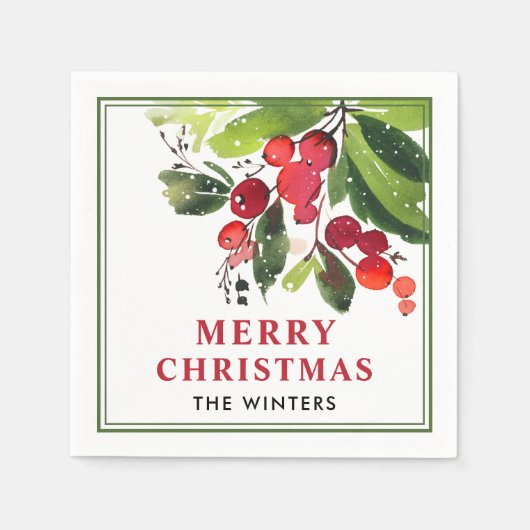 Vrolijk kerstrood Waterverf Greenery Monogram Servetten (Voorkant)