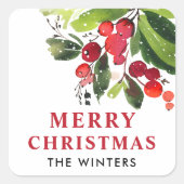 Vrolijk kerstrood Waterverf Greenery Monogram Vierkante Sticker (Voorkant)