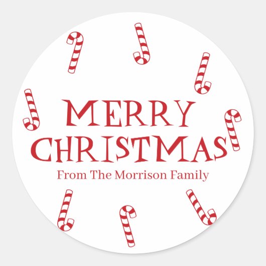 Vrolijk kerstrood wit cadeautje ronde sticker (Voorkant)