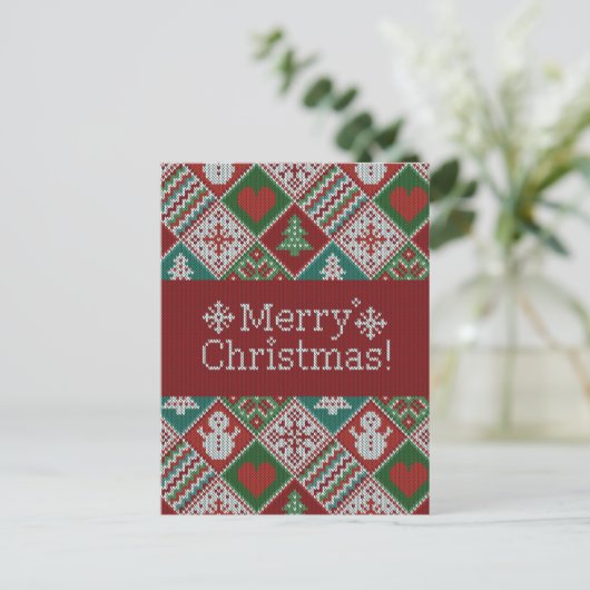Vrolijk kerstrood wit faux nit Pattern Briefkaart (Staand voorkant)