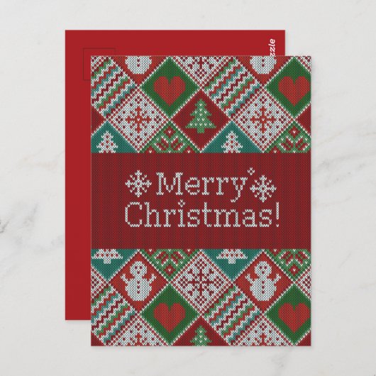 Vrolijk kerstrood wit faux nit Pattern Briefkaart (Voorkant / Achterkant)