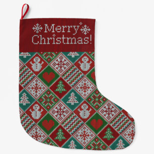 Vrolijk kerstrood wit faux nit Pattern Grote Kerstsok