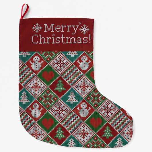 Vrolijk kerstrood wit faux nit Pattern Grote Kerstsok (Voorkant)