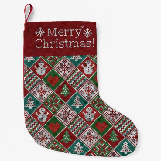 Vrolijk kerstrood wit faux nit Pattern Kleine Kerstsok (Voorkant)