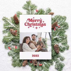 Vrolijk Kerstrood wit retro fotokaart Feestdagenkaart