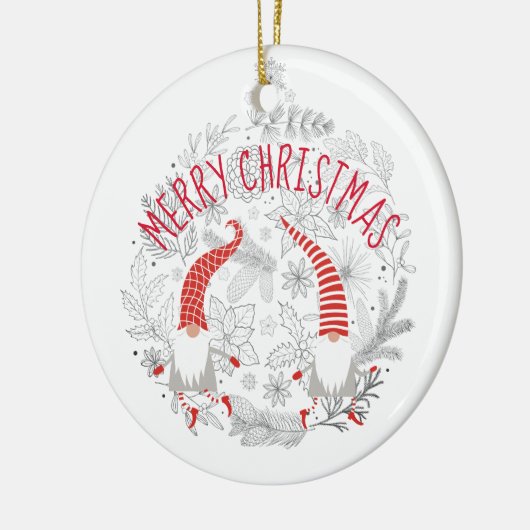 Vrolijk kerstrood Witte Gepersonaliseerde Gnomen Keramisch Ornament (Links)