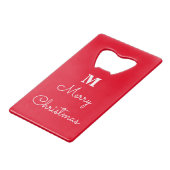 Vrolijk kerstrood-witte Monogrammen Gift Favor Creditkaart Flessenopener (Voorkant Gekanteld)