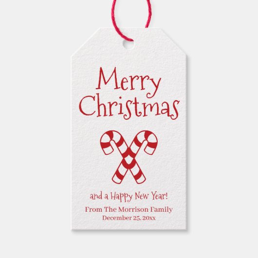 Vrolijk kerstrood witte snoepsuikerriet, schattig cadeaulabel (Voorkant)