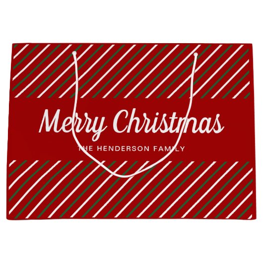 Vrolijk kerstrood-witte strepen groot cadeauzakje (Voorkant)