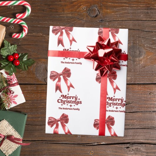 Vrolijk Kerstrood witte strik retro Cadeaupapier