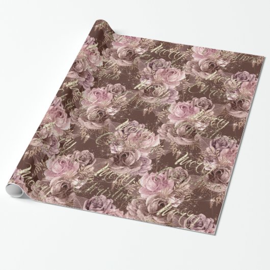 Vrolijk kerstRoos Gold Glitter Script Roos Roze Cadeaupapier (Uitgerold)