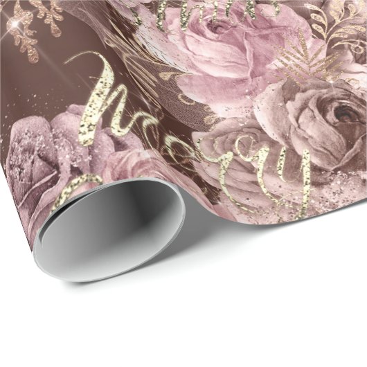 Vrolijk kerstRoos Gold Glitter Script Roos Roze Cadeaupapier (Rol Hoek)
