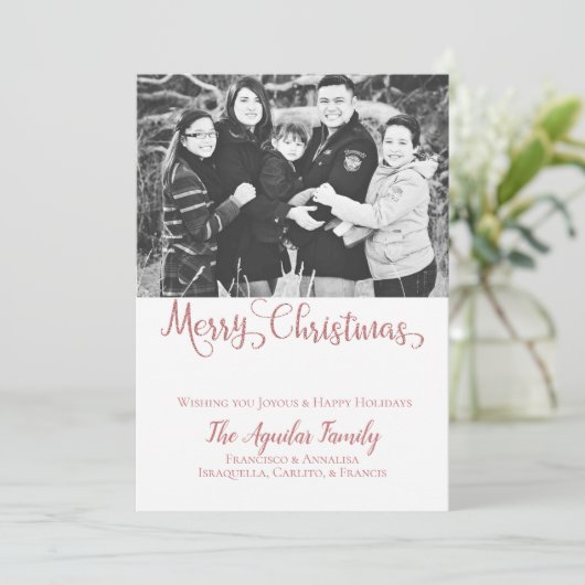 Vrolijk kerstRoos Gold Pink Faux Glitter Foto Feestdagenkaart (Staand voorkant)