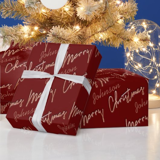 Vrolijk kerstRoos Gold Script Name Burgundy Cadeaupapier (Feestdagen)