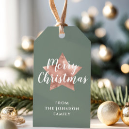 Vrolijk kerstRoos Gold Star Sage Green Cadeaulabel