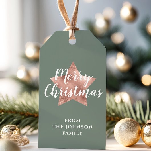 Vrolijk kerstRoos Gold Star Sage Green Cadeaulabel