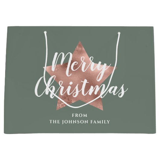 Vrolijk kerstRoos Gold Star Sage Green Groot Cadeauzakje (Voorkant)