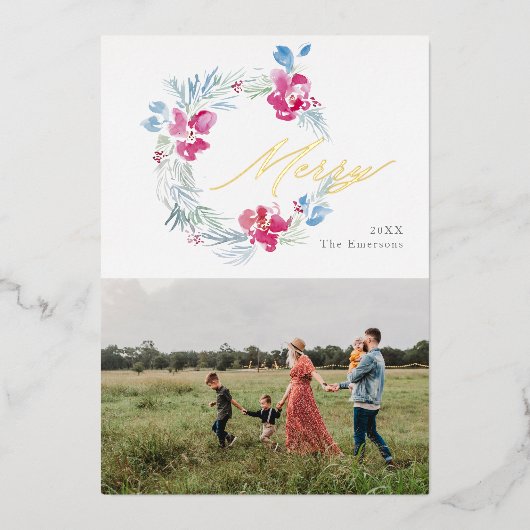 Vrolijk kerstroze blauwe Waterverf ventilator Wrea Folie Feestdagenkaart (Voorkant)