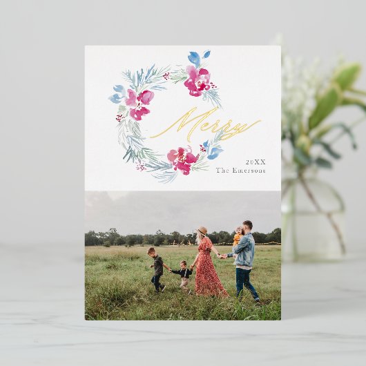 Vrolijk kerstroze blauwe Waterverf ventilator Wrea Folie Feestdagenkaart (Staand Voorkant)