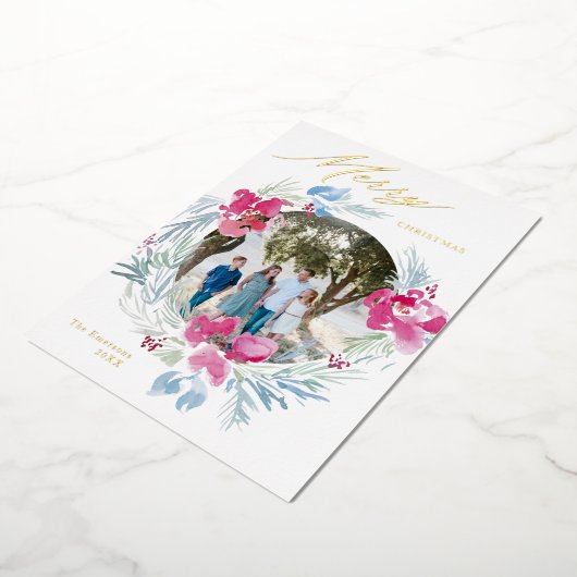 Vrolijk kerstroze blauwe Waterverf ventilator Wrea Folie Feestdagenkaart (Gedraaid)