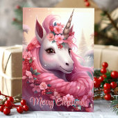 Vrolijk kerstroze eenhoorn feestdagen kaart