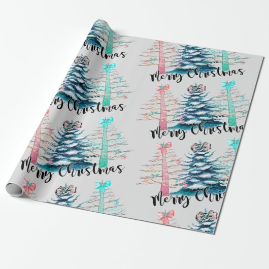 Vrolijk kerstroze en Blauwgroen bomen Cadeaupapier (Uitgerold)