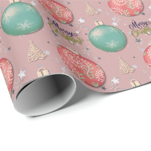 Vrolijk kerstroze en Blauwgroen Ornamenten Cadeaupapier (Rol Hoek)