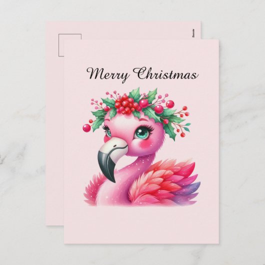 Vrolijk kerstroze flamingo aanpasbaar feestdagenkaart (Voorkant / Achterkant)