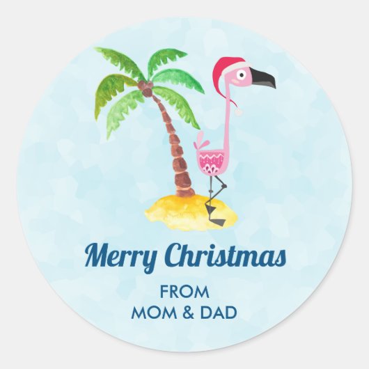 Vrolijk kerstroze flamingo in een rode kerstmuts ronde sticker (Voorkant)